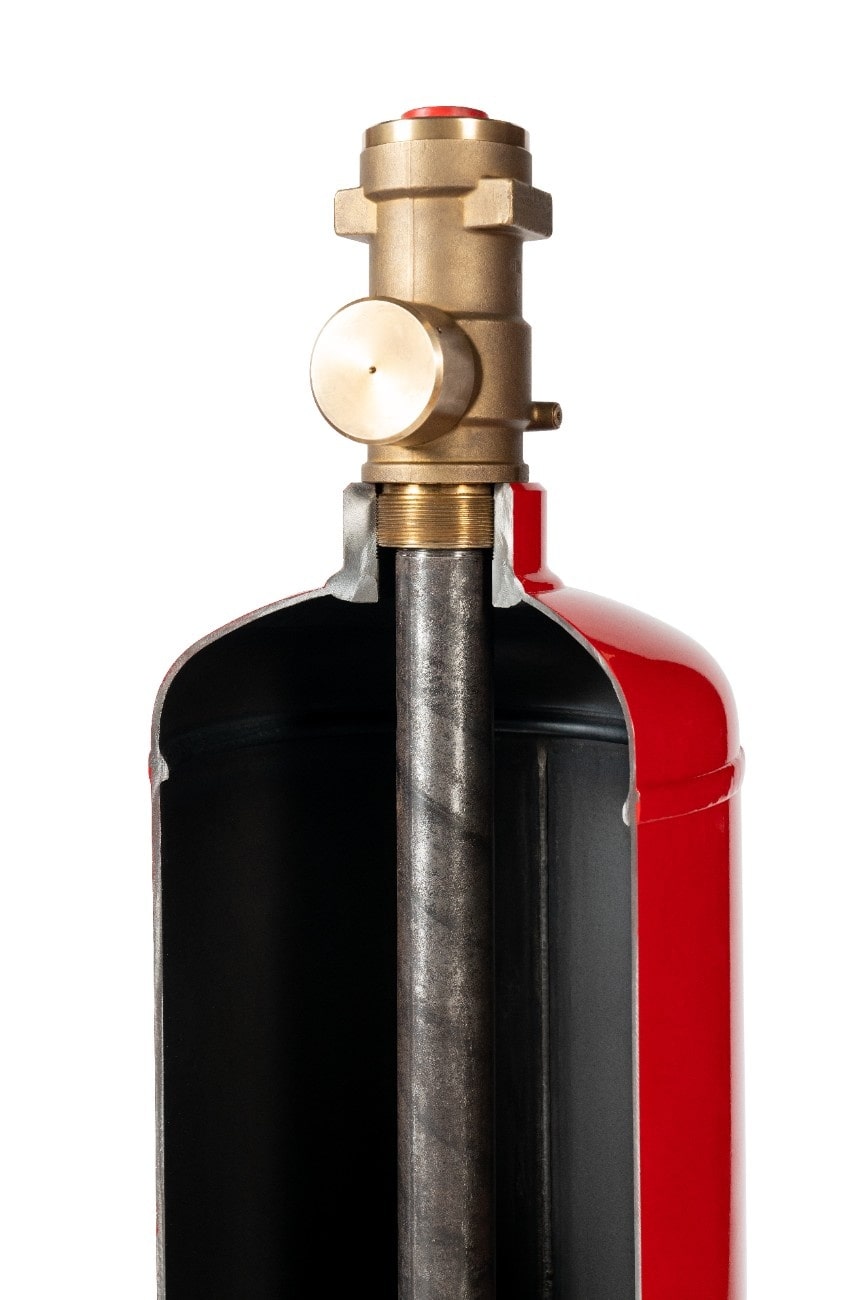 Agnitar 45 LT FM-200 (HFC-227ea) / Novec 1230 (FK-5-1-12) Fire Suppression System Cylinder. Close-up of a mechanical valve with brass components on a white background