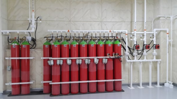 Agnitar IG-100 Fire Suppression System installed – 100% Nitrogen inert gas fire protection for sensitive facilities.