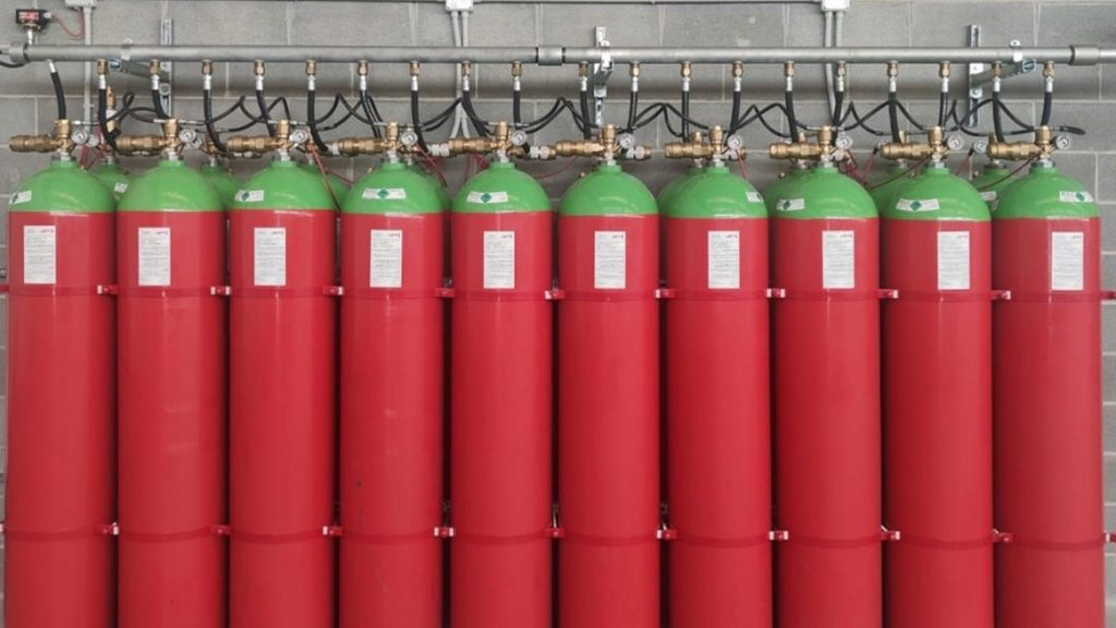 Agnitar Inert Fire Suppression cylinders – double in-line installation for 200/300 bar inert gas fire protection.