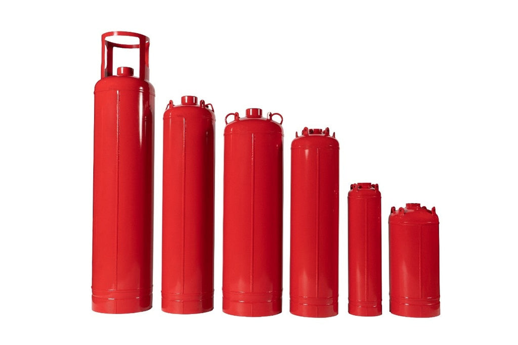 Agnitar TPED Certified Pi-Marked FM-200 HFC-227ea Novec 1230_FK-5-1-12 Fire Suppression System Cylinder. Red fire suppression system tank on a white background. HFC227ea, HFC227, HFC-227ea, FK5112 fire suppression system cylinder