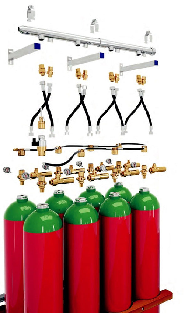 An exploded-style product layout showing a fire suppression system with multiple red and green cylinders, brass fittings, black hoses, wall-mounted brackets, and a collector assembly on a white background.